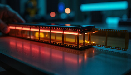 Illuminated film strip scanner in a dimly lit studio.