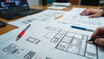 Architects working on detailed building blueprints.