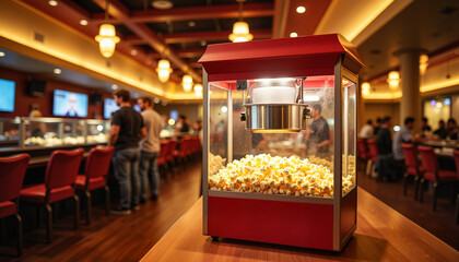 Popcorn machine in a cozy cinema snack bar.