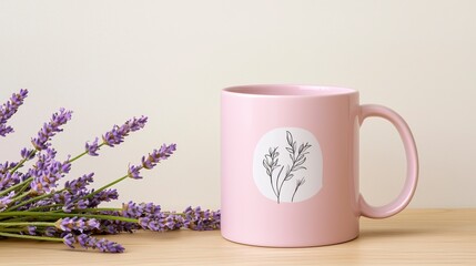Delicate Pink Coffee Mug with Floral Design and Lavender Sprigs on Wooden Surface for Cozy Home Decor and Relaxation Aesthetic