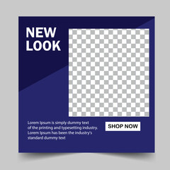 Editable minimal square banner template. Black and blue background color with stripe line shape. Suitable for social media post and web internet ads.