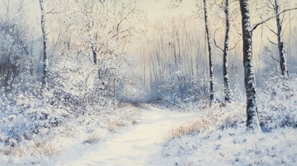 Obraz premium A serene winter landscape featuring snow-covered trees and a tranquil path.