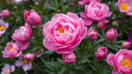 Fototapeta premium Pink peony flowers in full bloom creating a lush and vibrant background, spring, bloom, beauty