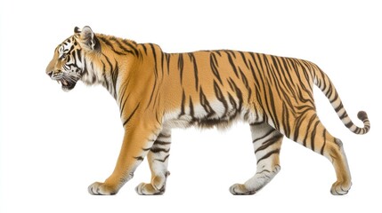 Naklejka premium Side profile of a white tiger walking gracefully, highlighting its striped fur and strong features, isolated against a white background