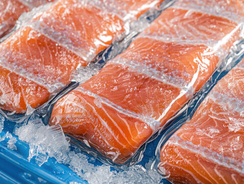 Fresh vacuum sealed raw fish fillets on ice, showcasing vibrant colors and texture