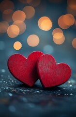 Fototapeta premium Two wooden hearts on a table with blurred warm lights in the background create a romantic atmosphere, perfect