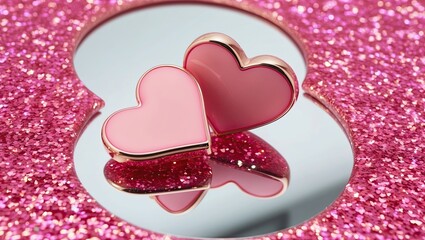Obraz premium Two stylized hearts one slightly overlapping on a glitter circle with festive background