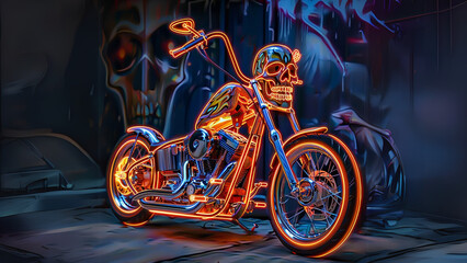 skull - Neon Skull Motorcycle in Cyberpunk Graffiti