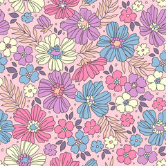 Elegant floral pattern in small hand draw flowers. Liberty style. Floral seamless background for fashion prints. Vintage print with lilac daisy flowers. Seamless vector texture. Spring bouquet.