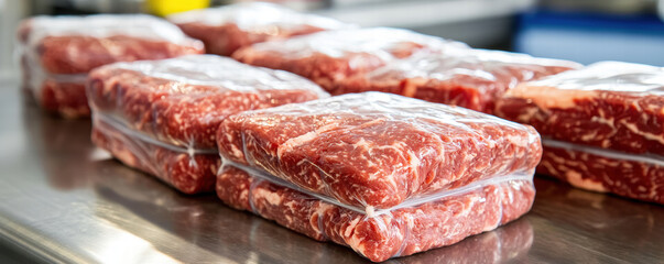 Fototapeta premium Fresh raw ground beef vacuum sealed in clear packaging on countertop