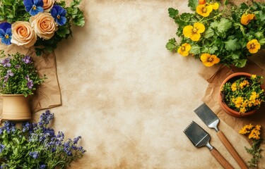 Colorful garden flowers and gardening tools arranged on a textured background in a creative workspace setting