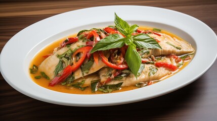Thai fish with basil and chili, space on the right side, Soft Natural Light,generative ai illustration