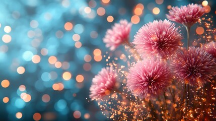 Fototapeta premium A vibrant arrangement of pink flowers with a shimmering, colorful bokeh background.
