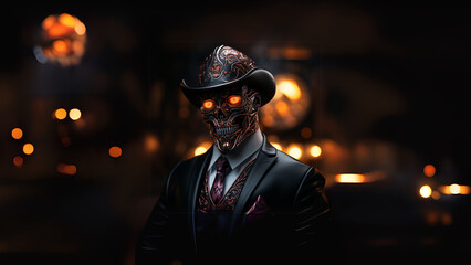 skull -  Cybernetic Skull Gentleman with Glowing Red Eyes.