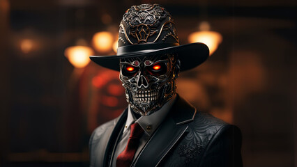 skull -  Cybernetic Skull Gentleman with Glowing Red Eyes