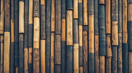 Fototapeta premium A textured wall made of vertical bamboo stalks, showcasing various shades and natural patterns.