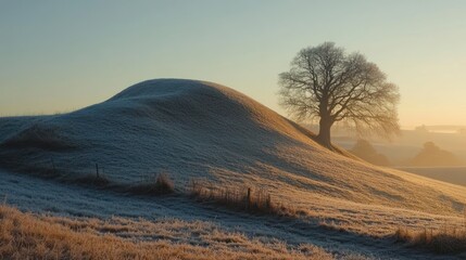 Fototapeta premium A serene winter landscape with a frosty hill and a solitary tree at sunrise.