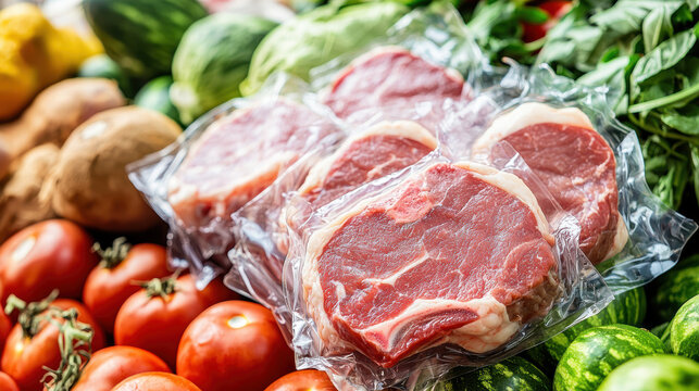 Fresh vacuum sealed goat meat cuts surrounded by colorful vegetables