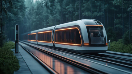 Naklejka premium futuristic train with glowing lights travels through forested area on sleek tracks