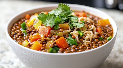 Hearty lentil soup with carrots, noodles, and cilantro in a bowl.