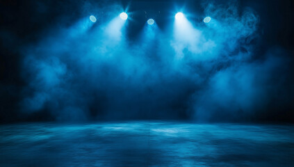 Fototapeta premium A dark stage with smoke and blue lighting from above with copy space