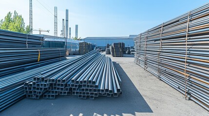 Fototapeta premium A storage yard filled with neatly stacked steel pipes under a clear blue sky, showcasing organized industrial materials.