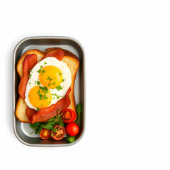 Toast egg bacon and tomatoes and microgreens salad in a tray