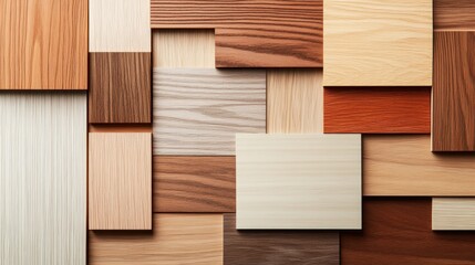 Naklejka premium A vibrant collage of assorted wood panels showcasing various textures, colors, and patterns, ideal for design inspiration and material selection.