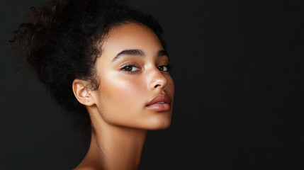 Fototapeta premium Portrait of a young woman with natural beauty against a dark background showcasing tranquility and confidence