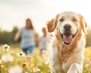 Happy golden retriever running in field of flowers with people. joyful dog enjoys sunny day, surrounded by nature and blooming daisies, creating cheerful atmosphere