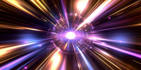 A colorful representation of light and energy radiating outward, creating a sense of motion and depth in a cosmic scene. Concept Cosmic Artistry, Radiant Energy, Motion and Depth