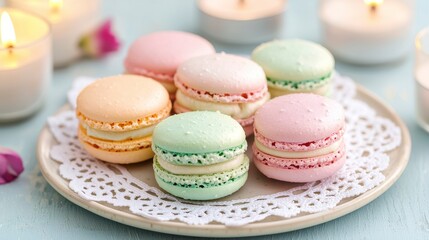 Obraz premium Delicate and Colorful French Macarons on a Lace Doily Surrounded by Soft Candlelight for a Sweet Dessert Display