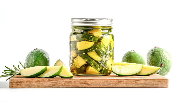 Mango pickle jar and green mango slices on wooden cutting board