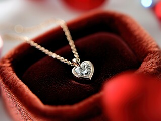 Heart-shaped diamond necklace displayed in velvet box jewelry showcase romantic gift idea close-up...