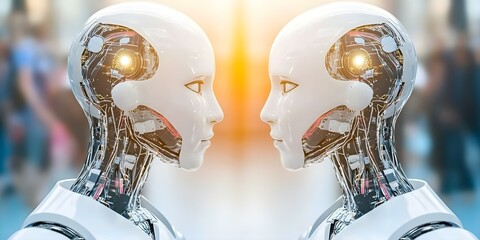 Fototapeta premium Two humanoid robots facing each other, showcasing intricate mechanical and electronic components, with a bright background. Concept Humanoid Robots, Intricate Mechanisms, Electronic Components