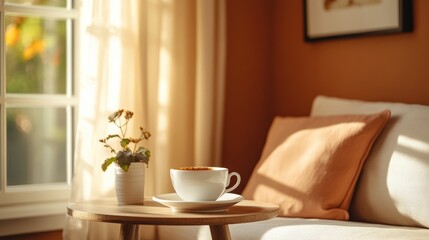 Modern interior o f modern in trendy mocha mousse color with cup of coffee on side table next to small plant, bathed in warm morning light streaming through window.