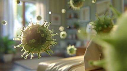 Floating airborne virus inside the house, with a blurred background of a well-decorated room.