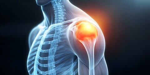 A graphic illustration of a human shoulder joint, highlighting the anatomy with an emphasis on the shoulder area. Concept Shoulder Joint Anatomy, Human Anatomy, Musculoskeletal System