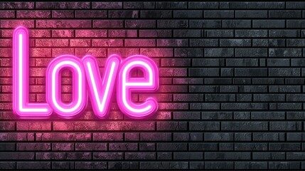 Neon Love Sign Illuminated on Dark Brick Wall Background