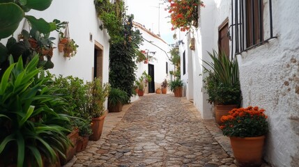 Fototapeta premium Charming Spanish Alleyway with Lush Greenery