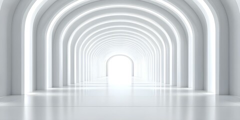 Fototapeta premium A series of illuminated, white arches creating a hallway that leads to a bright, glowing exit at the end. Concept Illuminated Arches, Ethereal Hallway, Glowing Exit, Enchanted Pathway