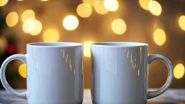 Christmas Mug Mock-Up. Two minimalistic white mugs. Blank white ceramic cups on a desk surface, beautiful warm bokeh lights blurred background. For overlaying your custom quotes, designs for selling.