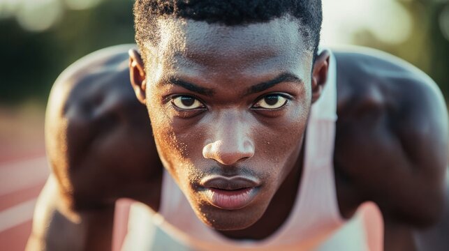 A close-up of a focused athlete with a determined expression, preparing to run at the starting line