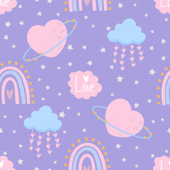 Cute seamless pattern with planet in heart shape, cloud, stars. Vector pastel background. Valentine's day and love