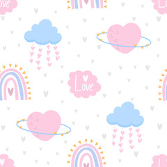 Cute seamless pattern with planet in heart shape, cloud, stars. Vector pastel background. Valentine's day and love