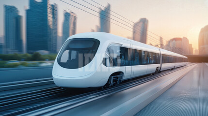 Naklejka premium sleek electric train gliding through modern cityscape at sunrise