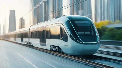 Fototapeta premium sleek futuristic electric train gliding through modern urban cityscape