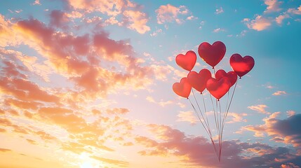 Fototapeta premium Red Heart Balloons Sunset Sky Romance Love