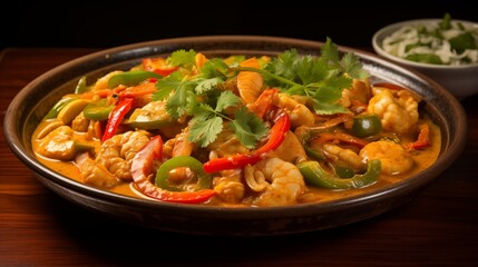 Thai mixed seafood curry with vegetables, space on the left, Soft Natural Light,generative ai illustration