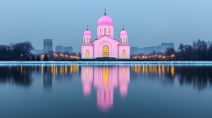 Pink Cathedral Reflection in Tranquil Evening Lake